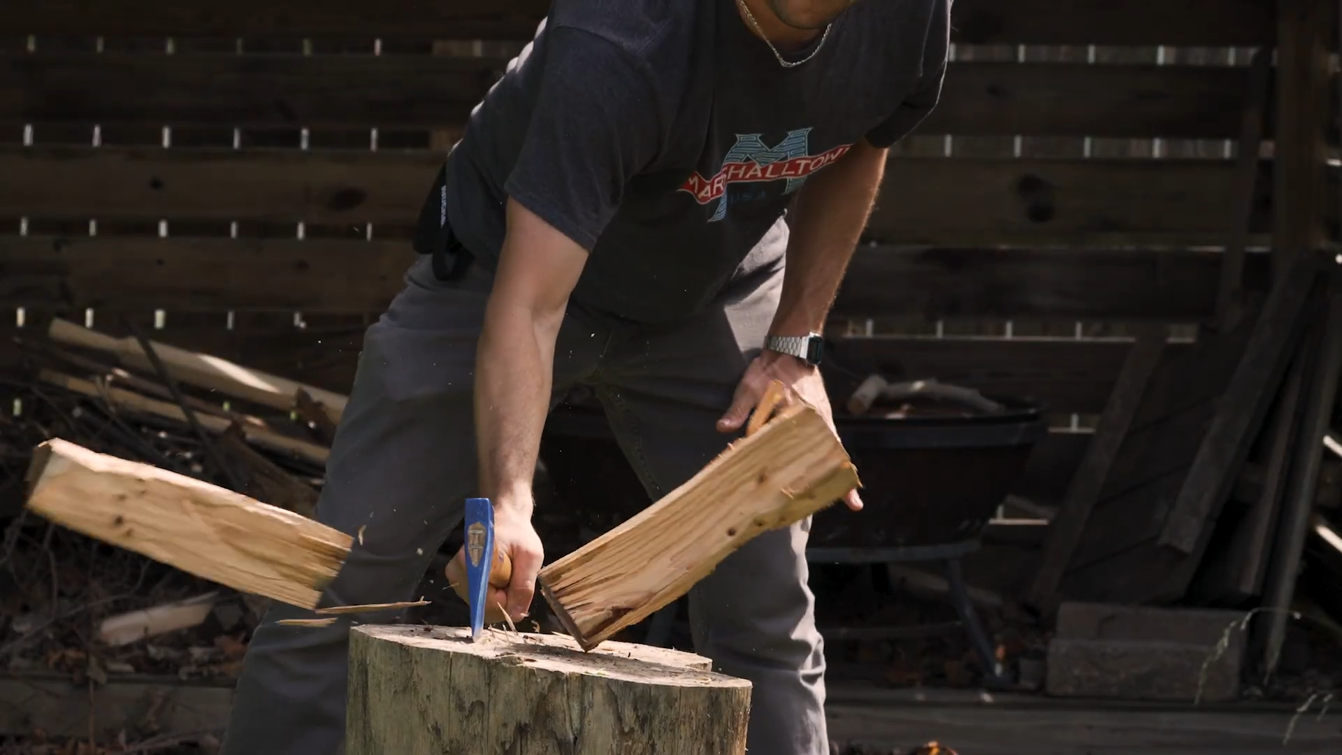 splitting wood with the vaughan camp axe